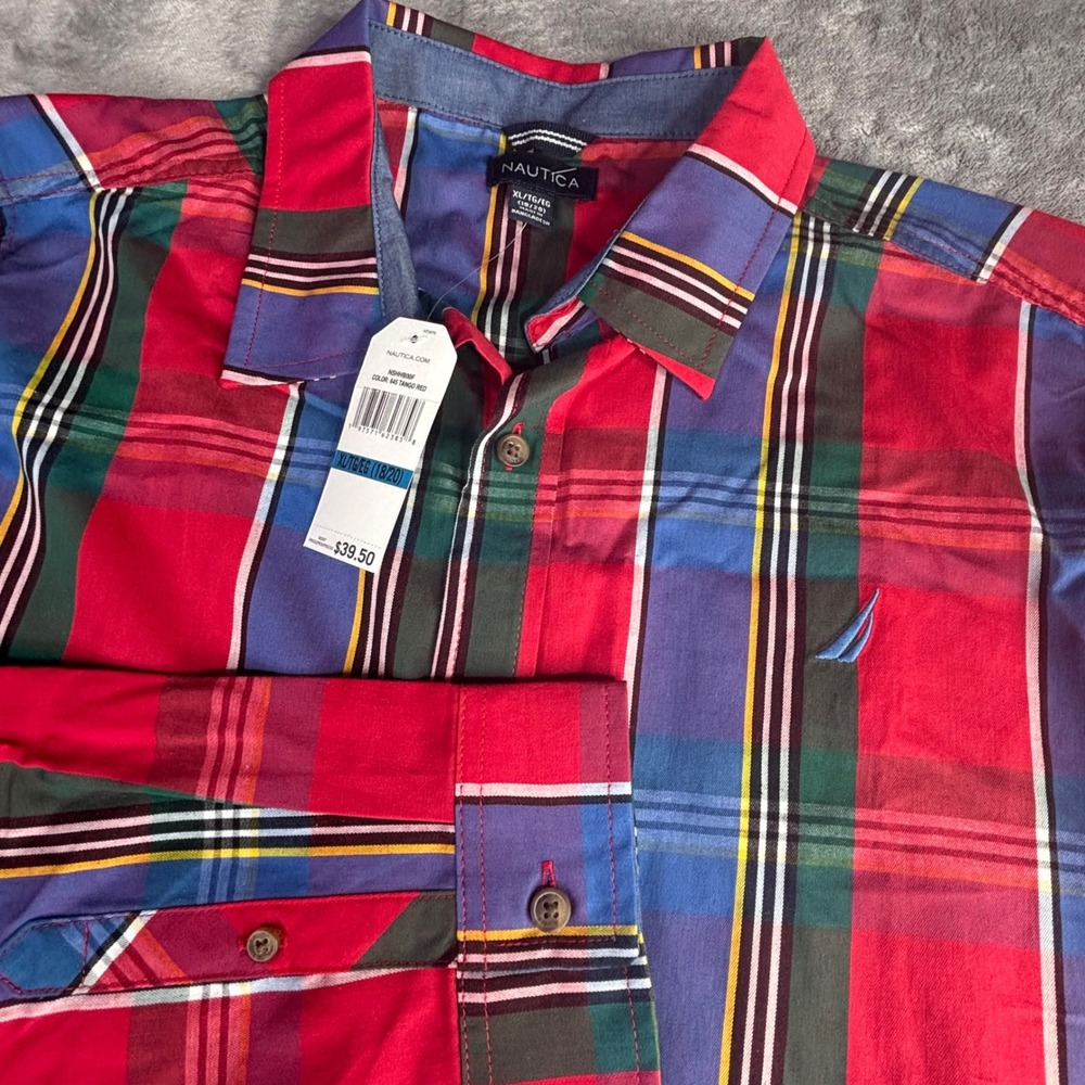 Nautica Button Down Shirt Kids XL 18/20 Tango Red Plaid Long Sleeve NSHHB00F